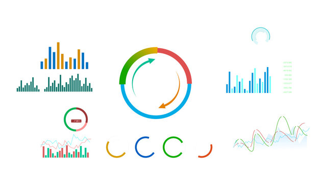 Collection of colorful business dashboard charts and graphs on white cards against a transparent background, showing bar charts, line graphs, circular progress charts and data trends.