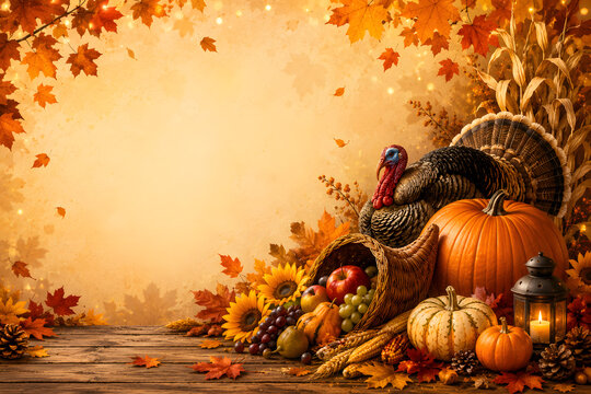 Abundant harvest cornucopia with turkey pumpkins and autumn leaves background