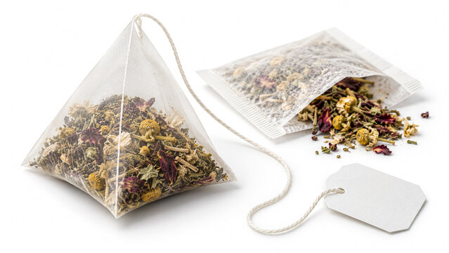 Pyramid tea bag with herbal chamomile mixture and open sachet on white background.