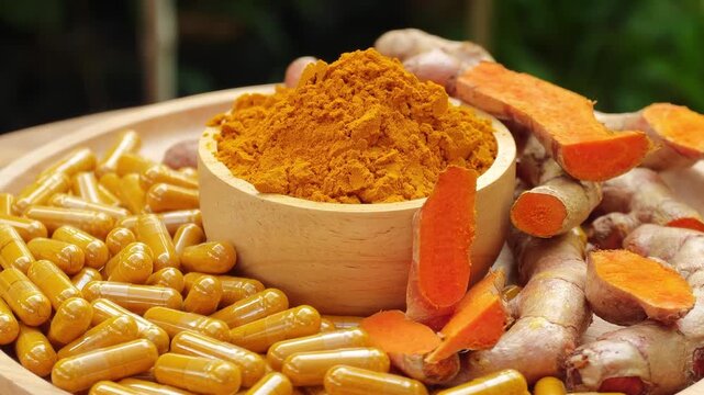 Turmeric powder in wooden bowl surrounded by herbal capsules and fresh curcuma roots