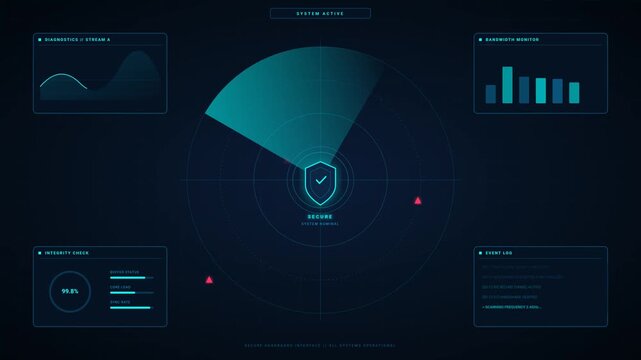 Futuristic cyber security radar screen monitoring digital network defense systems in blue video footage clip