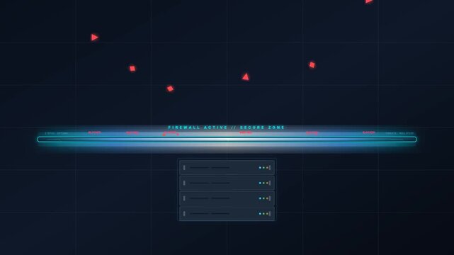 Futuristic firewall active secure zone interface video animation showing blocked cyber threats on dark computer screen display