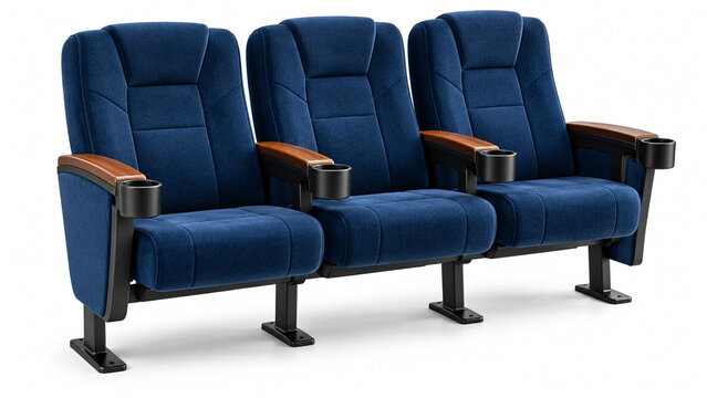 Row of three blue velvet cinema seats with cup holders isolated on white background.