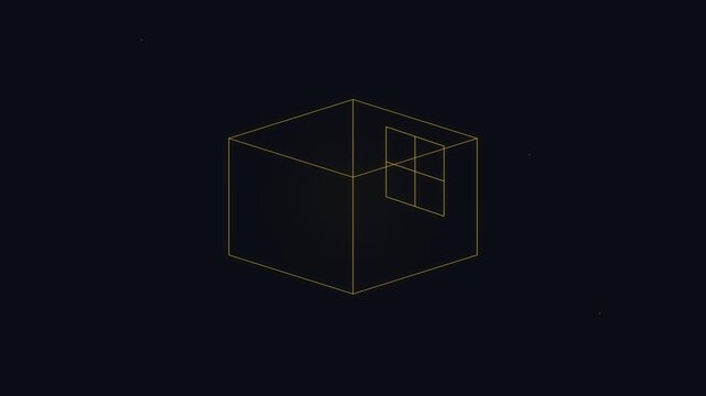 Minimalist golden wireframe cube shape with a small square window on dark background.