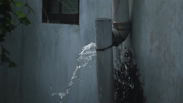 Video of high pressure rainwater bursting out from a broken PVC drainage pipe joint on building wall