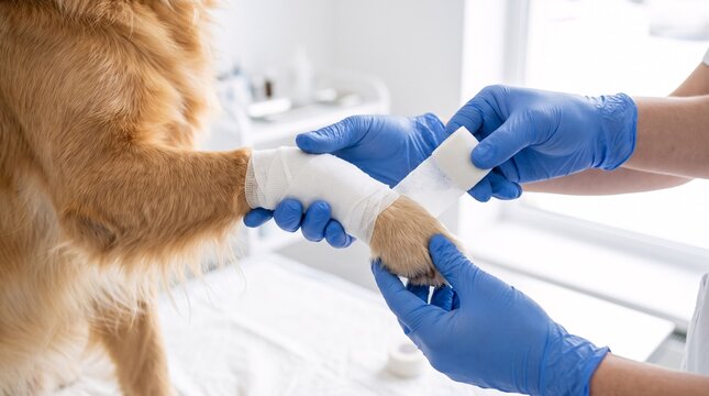 Veterinarian Bandaging Injured Dog Paw in Clinic