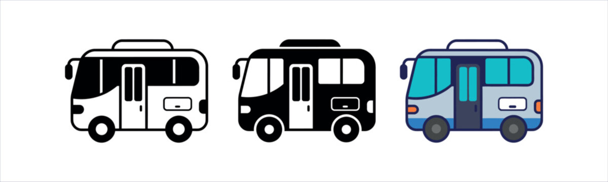 Three mini bus icons set isolated on transparent background, isolated on white background, Vector