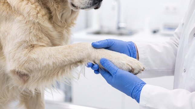 Veterinarian examining dog paw in a clinical medical office