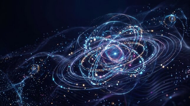 Abstract Digital Atoms and Particle Network in Dark Space Scene