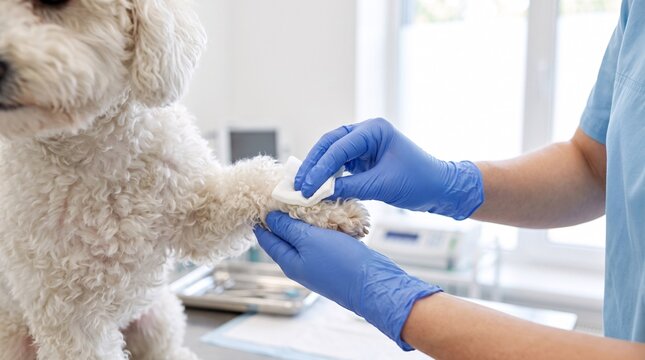Veterinarian cleaning a dog paw in a clinic