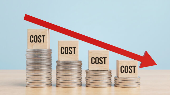 Coins stacked decreasing cost with red downward arrow. Finance investment recession crisis. money budget saving expense, value reduction down decayed, risk loss