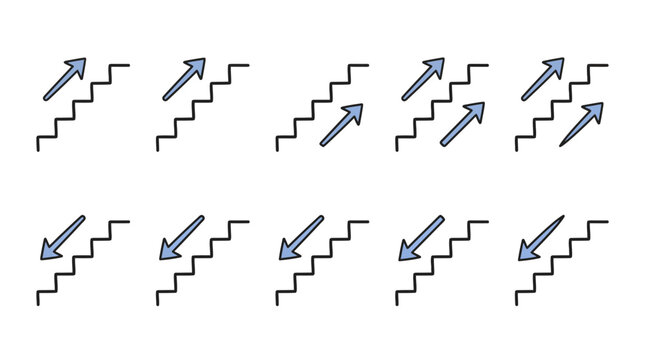 Staircase icons with blue arrows showing upward and downward direction, perfect for business growth presentations, financial performance reports and user interface design