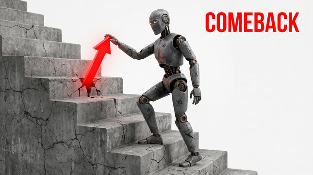 A futuristic robot climbing concrete stairs with a glowing red upward arrow, symbolizing progress, growth, and a comeback isolated on white background