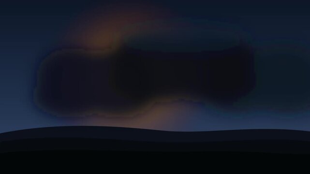 Glowing sun rising behind dark silhouette hills with heavy drifting clouds in animated morning sky video clip