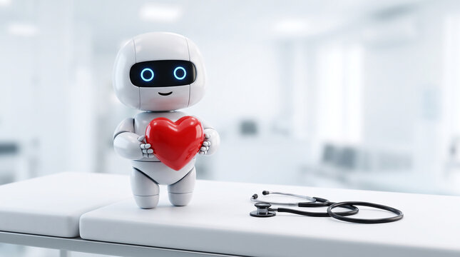 A cute small white robot holding a red heart shape in a medical clinic setting with a stethoscope on the table