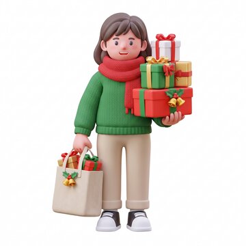 3D Character Woman Carrying Christmas Presents and Shopping Bags