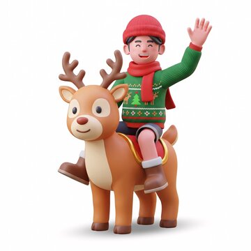 3D Cartoon Boy Character Riding a Cute Reindeer for Christmas Celebration