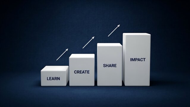 Creative development and impact concept with white 3d blocks on a dark blue background, showing the stages, of learning creating, and sharing