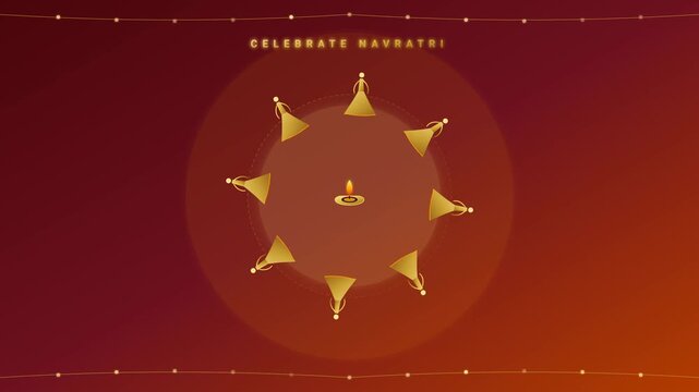 Navratri festival celebration animation featuring golden traditional dancers circling around a glowing oil lamp in video footage