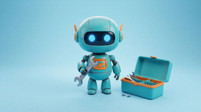 Cute blue robot character holding a wrench next to an open toolbox with tools and screws, 3d render on a solid blue background