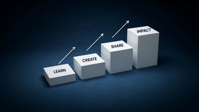 Creative process and impact concept with white 3d blocks on a dark blue background, showing the stages, of learning creating, and sharing