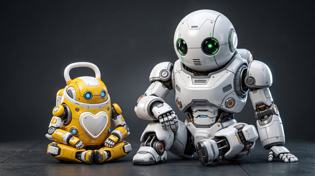 Two futuristic robotic characters sitting together, a small yellow heartthemed robot and a larger white sphericalheaded android