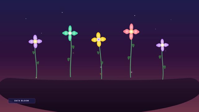 Glowing digital flowers blooming in futuristic cyberspace environment with vibrant neon lights and motion particles video