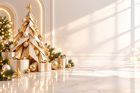 Luxury Sculptural Christmas Tree Background with Gold Decorations and Copy Space