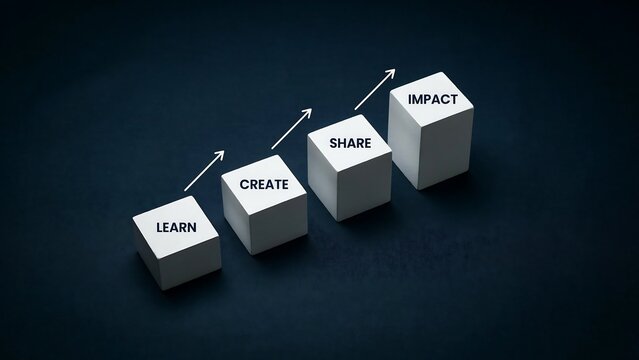 Educational and creative growth concept with white 3d blocks on a dark blue background, representing the path, from learning to, creating and impact