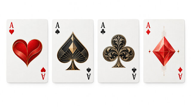 Four ace playing cards with ornate suit symbols in a row isolated on white background.