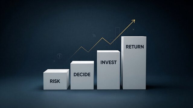 Financial growth concept with white 3d blocks showing the progression from risk to decide to invest and finally return with an upward trend arrow