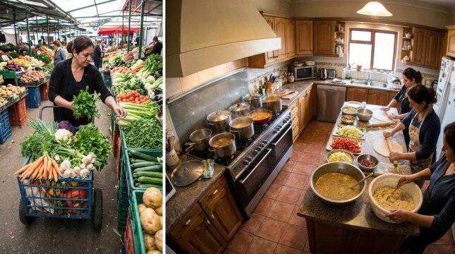 Woman Shopping for Fresh Vegetables at Farmers Market and Preparing Homemade Meal in Kitchen
