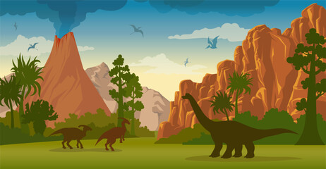 Prehistoric landscape with extinct plants, mountains, erupting volcano and silhouette of dinosaurs - parasaurolophus, diplodocus and pterodactyl. Vector nature illustration.  © Natali Snailcat