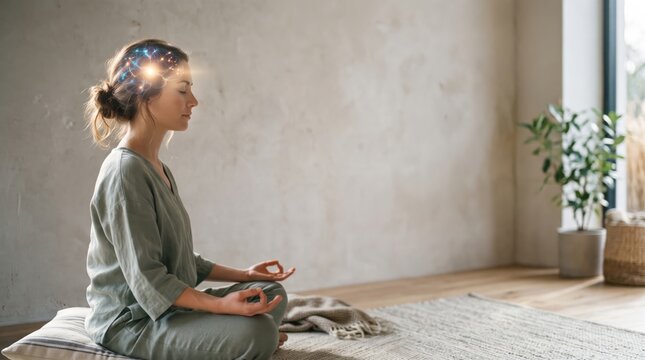 Woman meditating in lotus position with glowing brain neural pattern, mindfulness and mental wellness concept