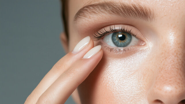 A person gently touches their eye with one finger. The eye is clear and bright, showing the details of the iris and eyelashes. Soft lighting highlights the skin texture.