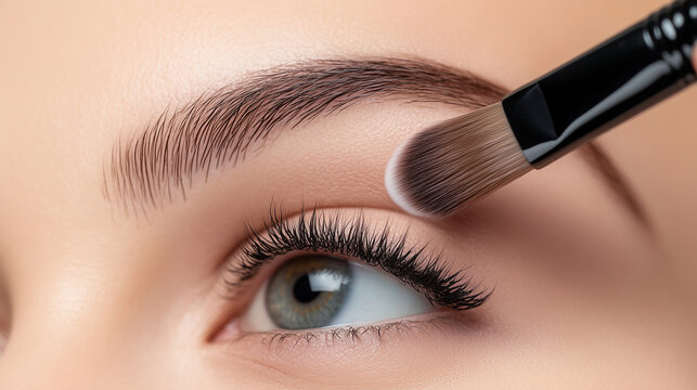 A woman is using a makeup brush to apply eyeshadow on her eyelid. The focus is on her eye and the brush, highlighting beauty techniques. The setting appears to be a makeup studio or vanity.