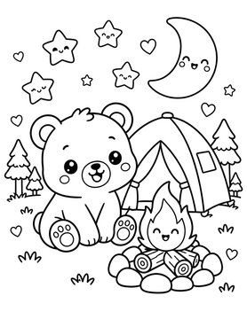 An adorable cartoon bear enjoying a cozy night of camping under a starry sky with a friendly moon, perfect for a heartwarming coloring adventure