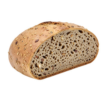 Multigrain bread half loaf showing seeded tan crumb isolated