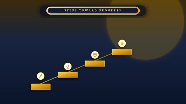 Business growth steps animation with glowing golden progress bars and modern infographic icons moving upward