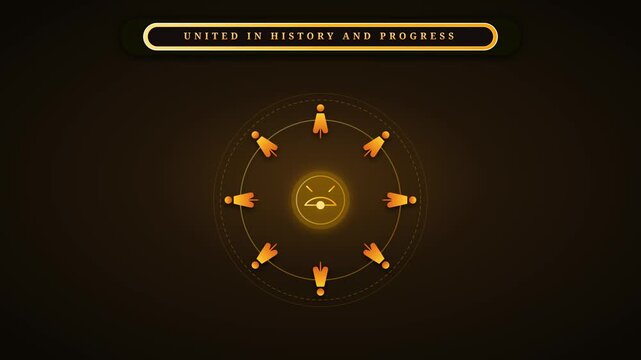 Abstract motion graphics video featuring glowing human figures rotating in circle around central icon animation clip