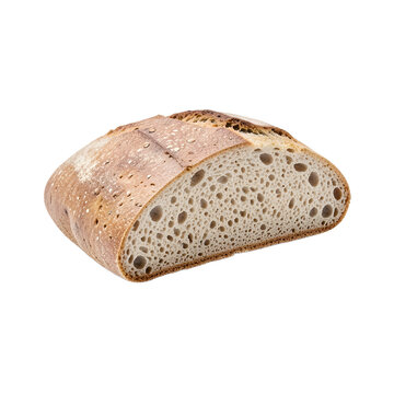 Spelt bread half loaf showing beige crumb isolated
