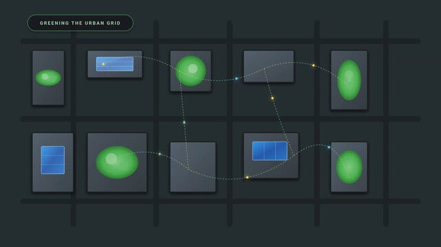 Greening the urban grid digital flowchart animation showing eco-friendly city planning network paths motion graphic video
