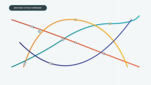 Animated transit map showing futuristic urban public transport routes with moving capsules in minimalist motion graphics video footage