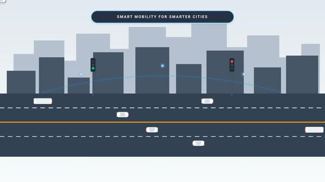 Smart mobility graphic animation showing autonomous electric cars driving on futuristic city highway traffic video footage