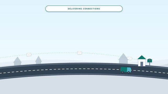 Mail delivery truck driving across modern digital highway background in flat vector motion graphic animation clip