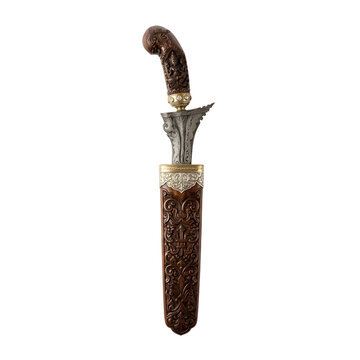 Ornate dagger with carved wooden sheath on transparent background