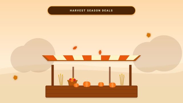 Animated harvest season deals market stall with falling leaves and pumpkins in flat vector motion design video clip