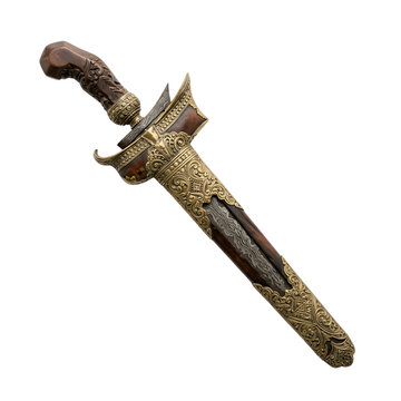 Ornate Wavy Dagger with Golden Sheath on Transparent Background
