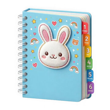 Cute blue spiral notebook with a bunny rabbit character and colorful index tabs