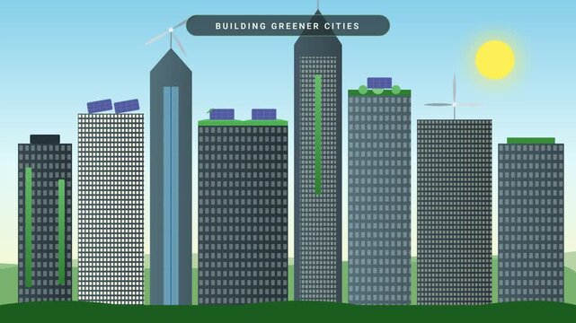 Sustainable city skyline animation featuring modern skyscrapers with rooftop solar panels and wind turbines in motion footage